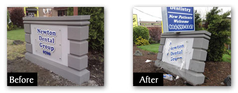 Before and after photo of monument hit by car